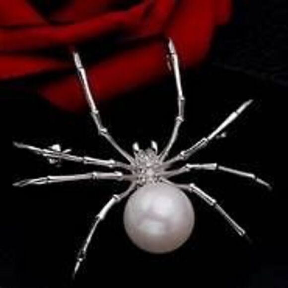 PEARL DIAMOND SILVER SPIDER BROOCH PIN - Picture 2 of 6